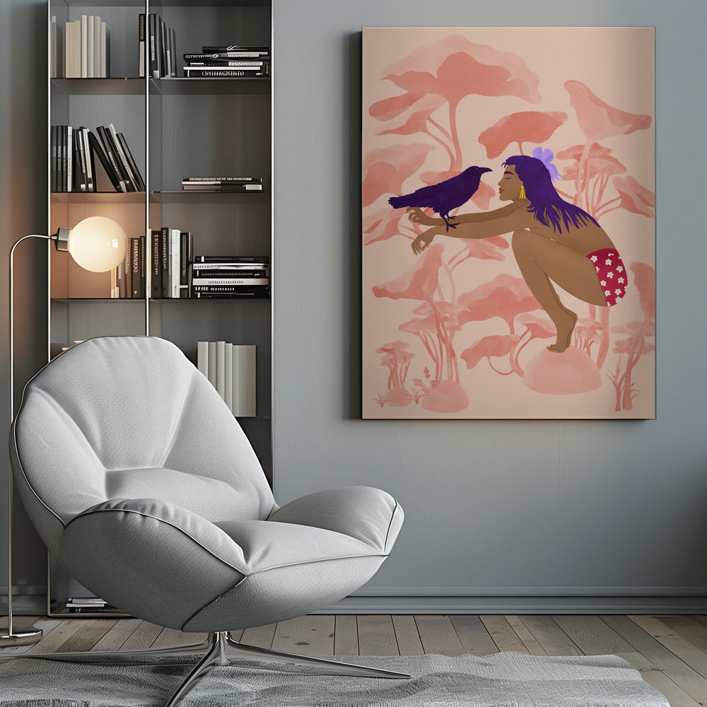 A stylized illustration of a woman with long purple hair and brown skin, crouching in a fantastical pink landscape. She is looking at a dark purple crow perched on her arm. Wall Art
