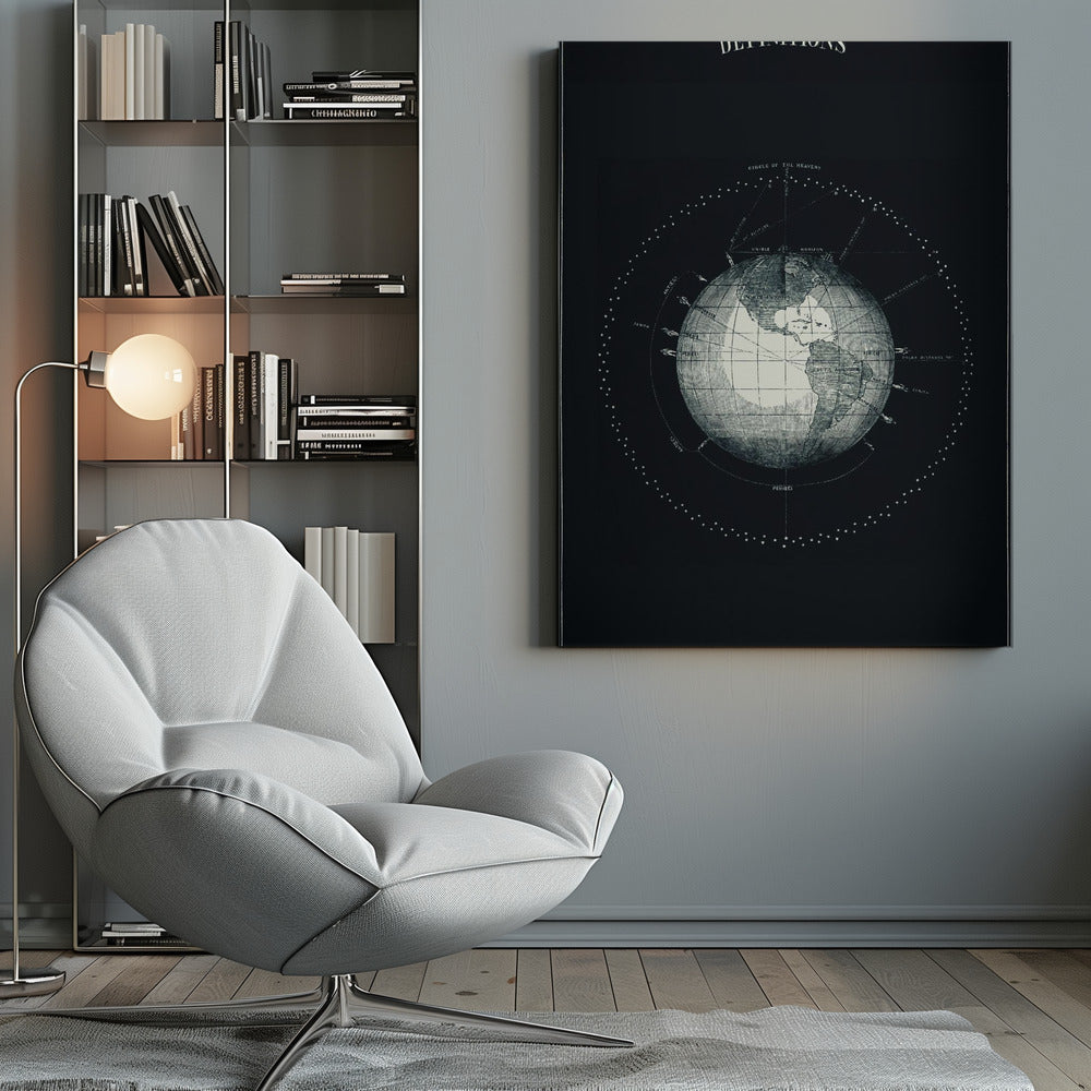 A framed vintage astronomical poster titled 'DEFINITIONS', featuring a detailed white engraving of the Earth on a black background, surrounded by diagrams illustrating celestial concepts like the 'Circle of the Heavens' and 'Zenith'. Wall Art