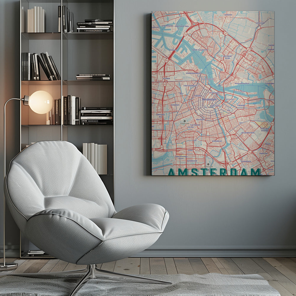 A stylized, retro-style map of Amsterdam, Netherlands, displayed within a black frame. The map features a network of red roads, light blue canals and waterways, on a cream-colored background, with the word 'AMSTERDAM' in large, dark teal letters at the bottom. Wall Art