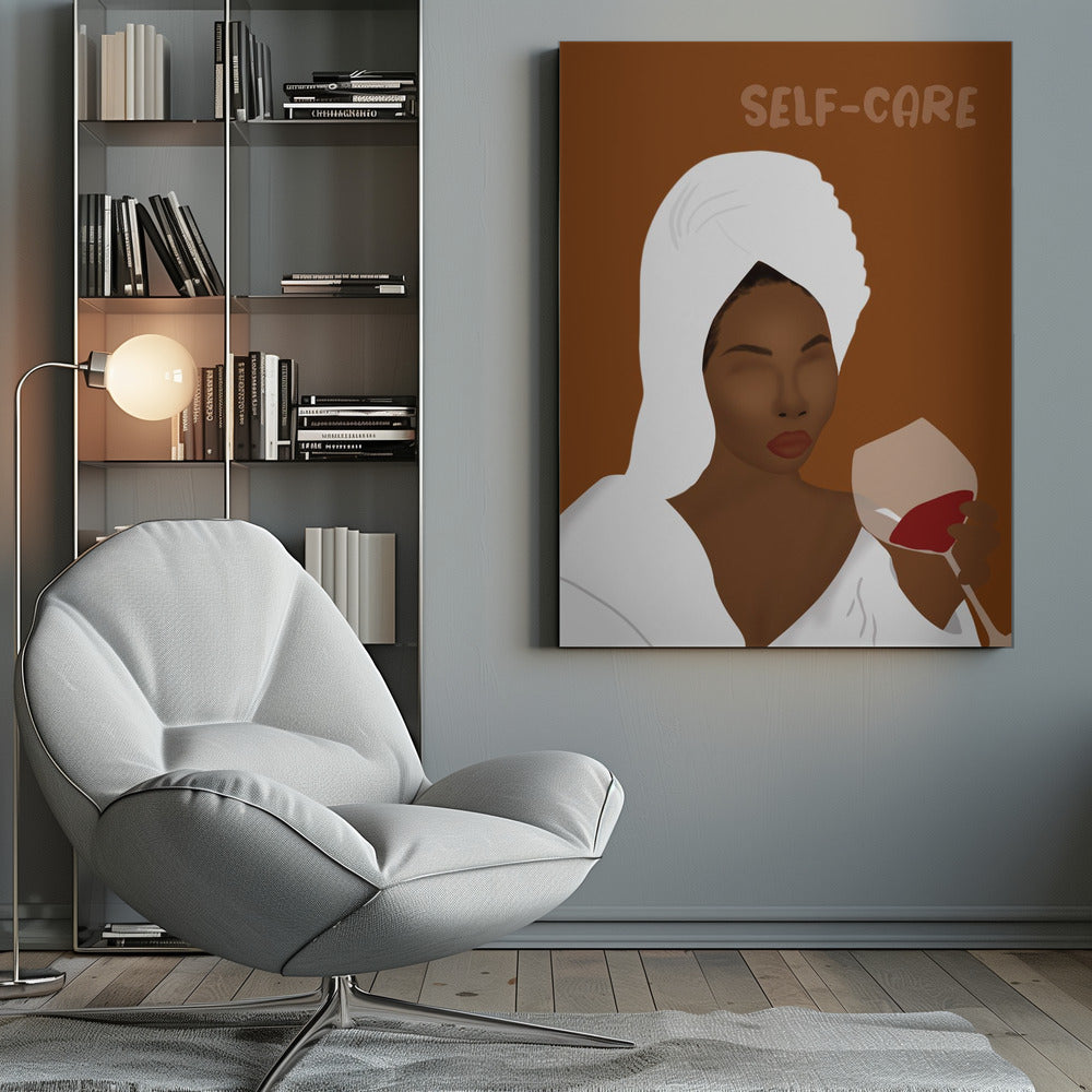 A minimalist illustration of a Black woman with her hair in a white towel, wearing a white robe, and holding a glass of red wine. The words 'SELF-CARE' are written above her against a brown background, creating a calm and relaxing mood. Poster