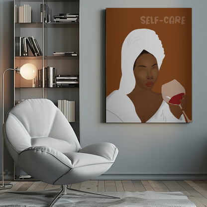 A minimalist illustration of a Black woman with her hair in a white towel, wearing a white robe, and holding a glass of red wine. The words 'SELF-CARE' are written above her against a brown background, creating a calm and relaxing mood. Poster