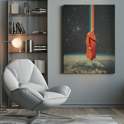 A surreal collage featuring a person in a bright orange coat standing above the Earth, looking up as a colorful retro stripe beams from their head into the starry cosmos. Print