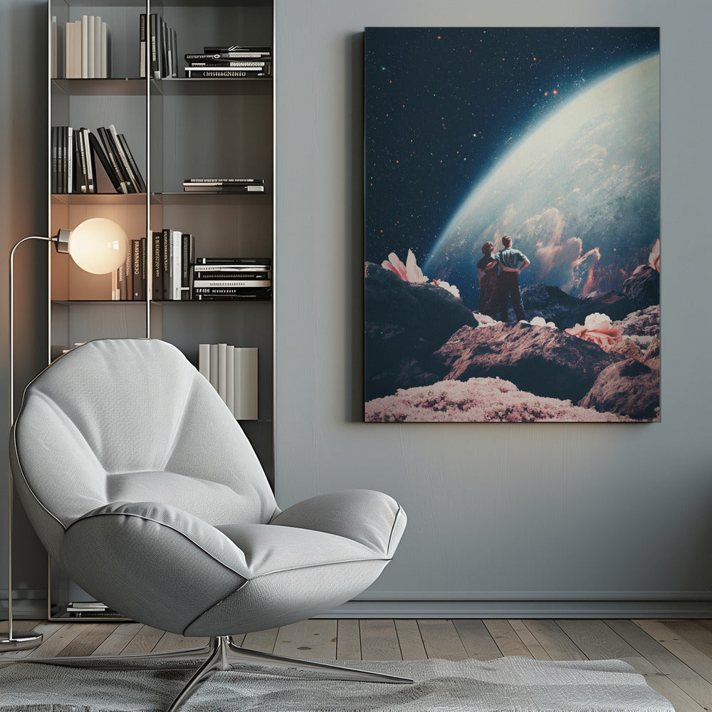 A surreal collage showing a couple standing on a rocky, alien landscape dotted with large pink flowers, gazing up at a vast, star-filled cosmos dominated by the glowing curve of a massive planet. Decor