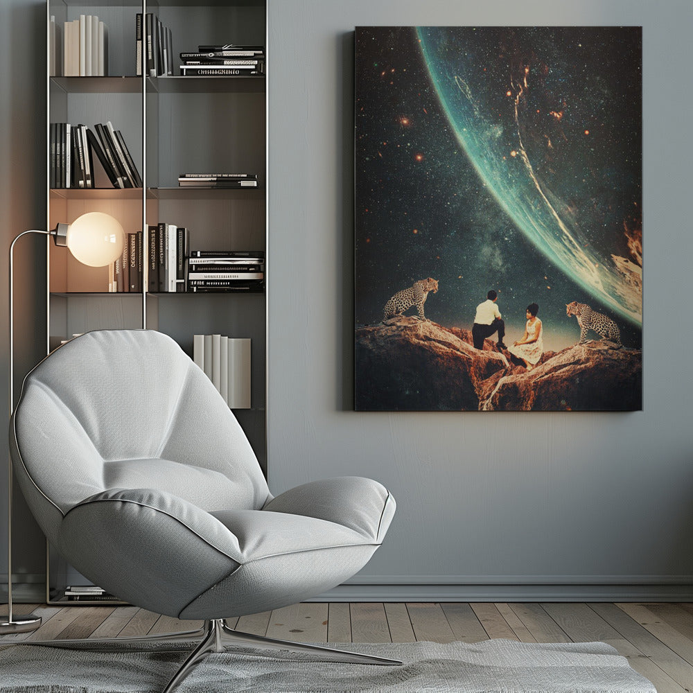 A surreal vintage-style collage depicting a man and a woman sitting on a rocky cliff, flanked by two leopards, as they gaze upon the vast expanse of a star-filled galaxy and a large, glowing planet looming in the sky. Decor