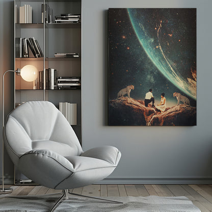 A surreal vintage-style collage depicting a man and a woman sitting on a rocky cliff, flanked by two leopards, as they gaze upon the vast expanse of a star-filled galaxy and a large, glowing planet looming in the sky. Decor