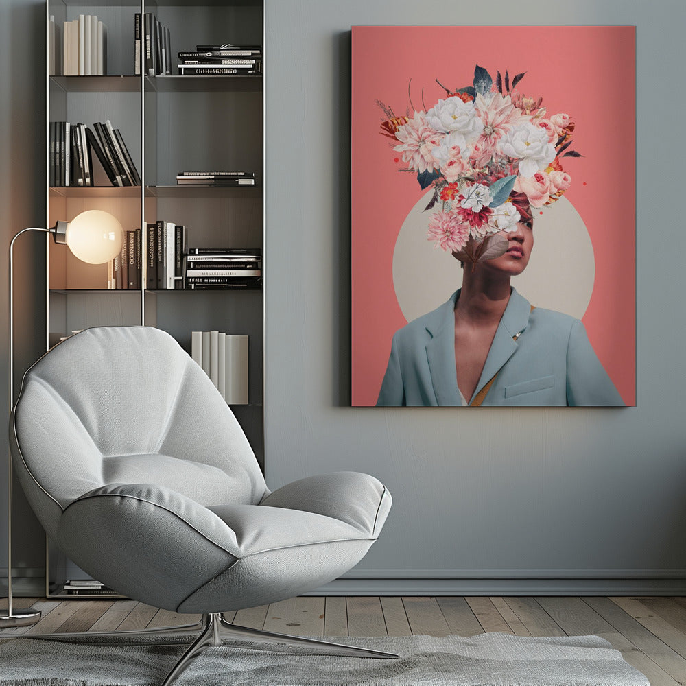 A surreal collage portrait of a person wearing a light blue blazer against a coral pink background. Their head is an explosion of various flowers, including white peonies and pink dahlias, creating a vibrant and artistic headpiece. A large, off-white circle is positioned behind them. Poster
