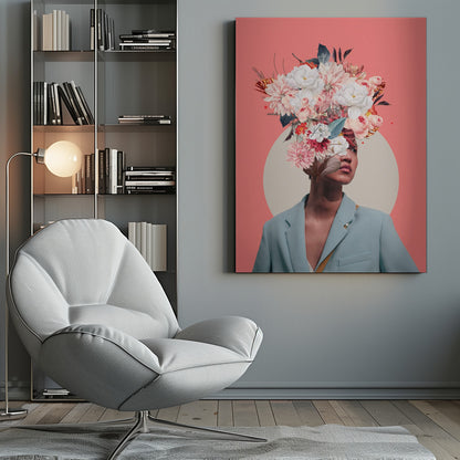 A surreal collage portrait of a person wearing a light blue blazer against a coral pink background. Their head is an explosion of various flowers, including white peonies and pink dahlias, creating a vibrant and artistic headpiece. A large, off-white circle is positioned behind them. Poster