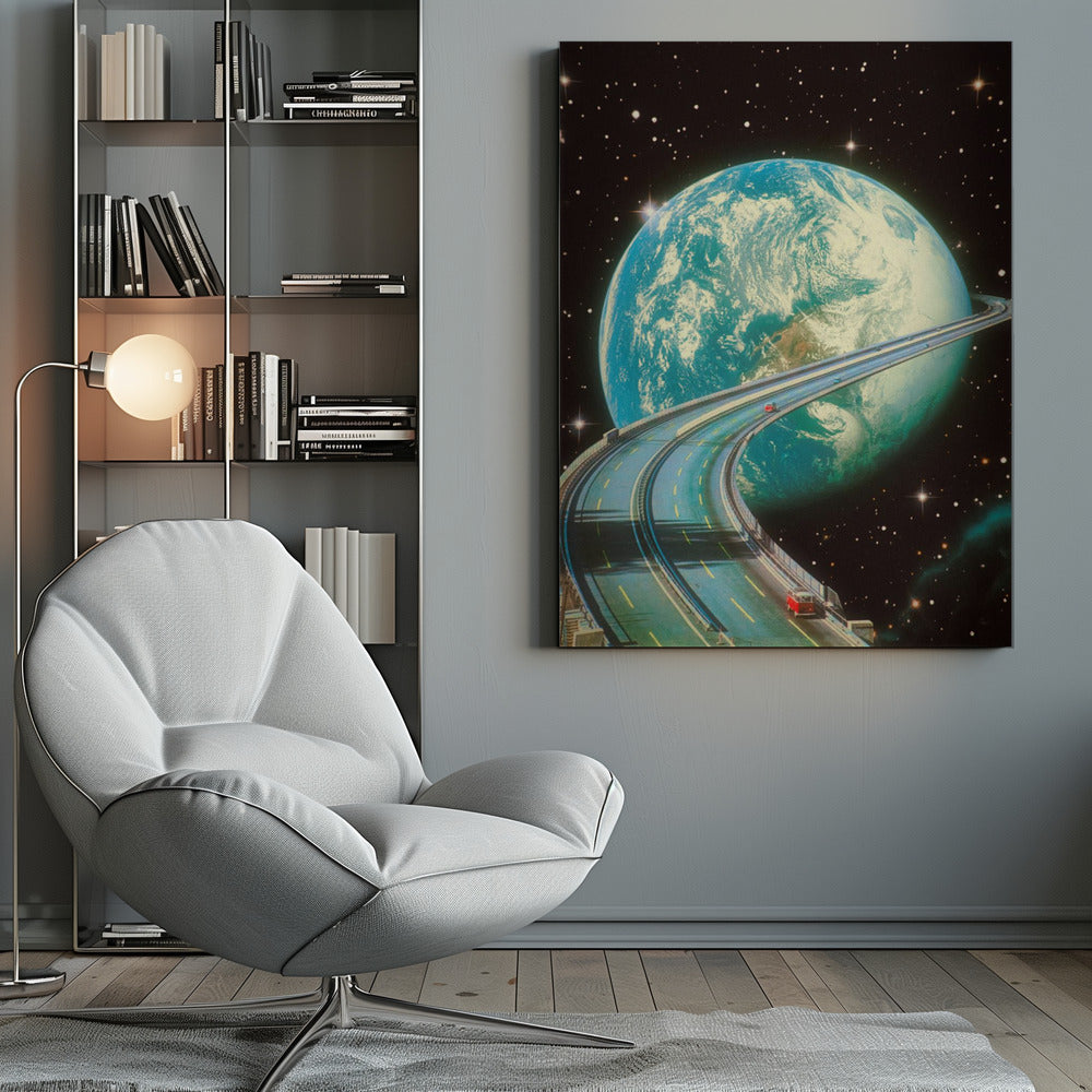 A surreal, vintage-style collage depicting a multi-lane highway encircling the planet Earth like the rings of Saturn. Two small, red vintage cars are driving along the road against a backdrop of a star-filled black sky. Print