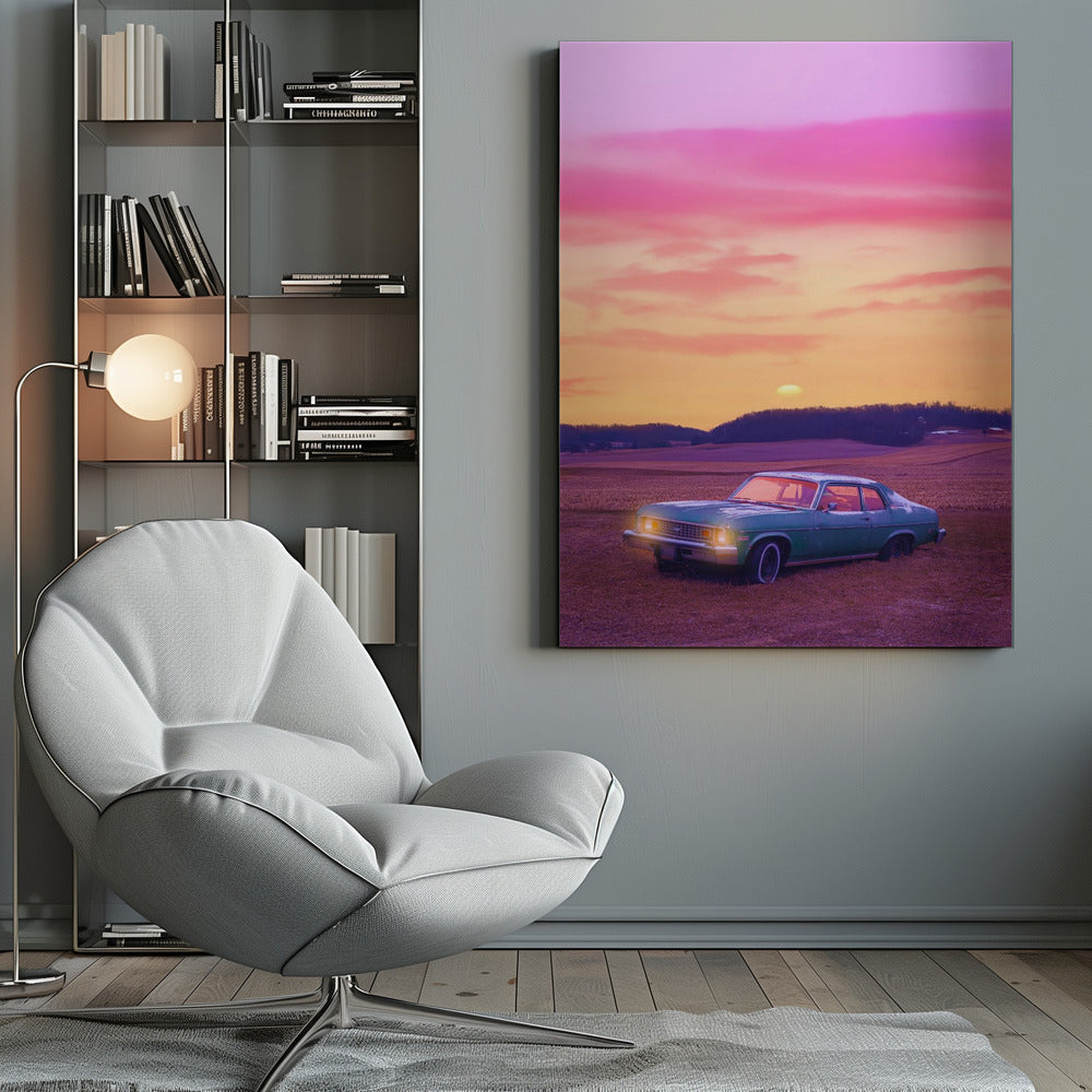 A vintage green muscle car is parked in a purple-hued field under a vibrant sunset sky that blends from orange to a vivid pink. The car's headlights are glowing, and the sun is setting behind distant hills, creating a dreamy, retro atmosphere. Decor