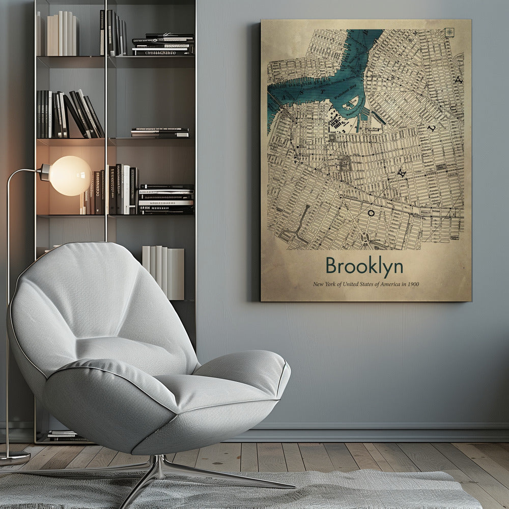 A framed vintage map poster of Brooklyn, New York from the year 1900. The map details the city's grid-like streets on an aged, beige paper background, with the waterways, including Wallabout Bay, highlighted in a vibrant teal color. The poster is titled "Brooklyn" in a dark green font at the bottom. Decor