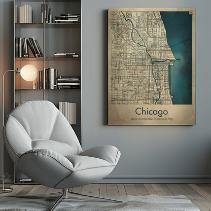 A framed vintage-style map of Chicago from the year 1900. The map details the city grid on an aged beige paper background, with Lake Michigan and the Chicago River highlighted in a deep teal color. Below the map, text reads 'Chicago' and 'Illinois of United States of America in 1900'. Artwork