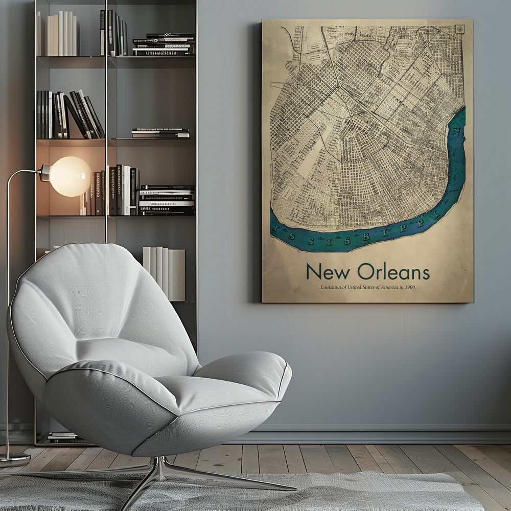 A framed vintage-style map of New Orleans from 1900. The map details are in black ink on a beige, aged paper background. The Mississippi River is highlighted in a vibrant teal color, curving around the bottom of the city grid. The text 'New Orleans' is displayed prominently at the bottom. Decor