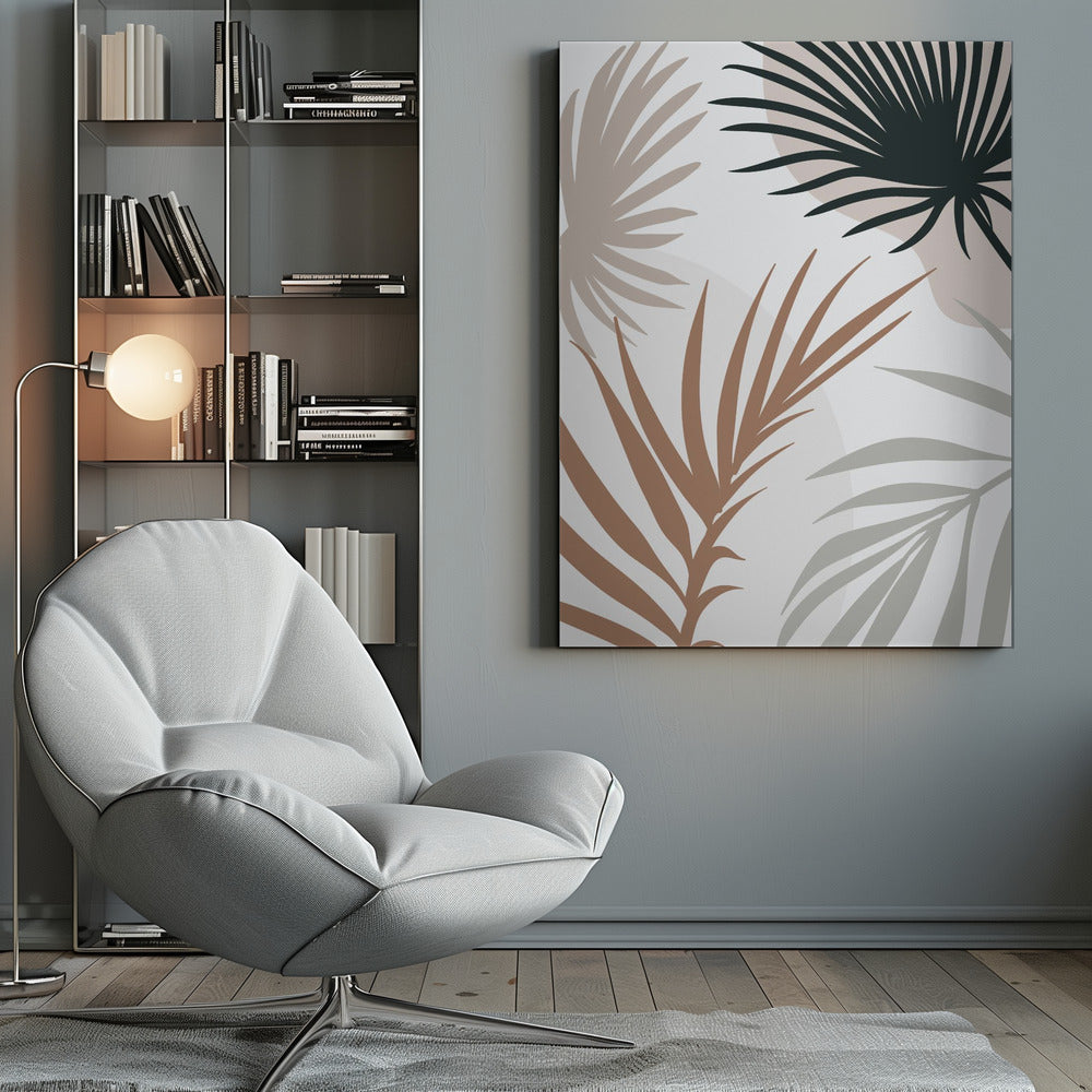 A modern art print in a black frame featuring stylized silhouettes of palm leaves. The fronds are colored in dark green, brown, beige, and light gray, overlapping on a light background with faint, large, muted pink circles. Print