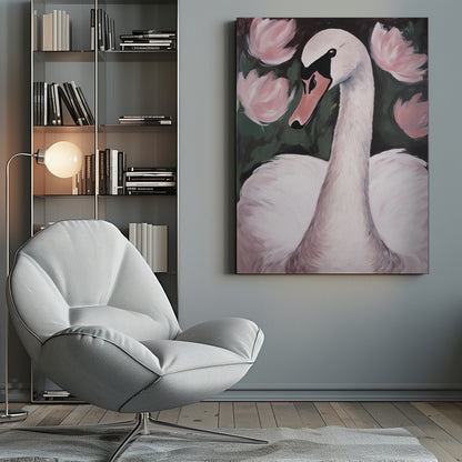 A majestic white swan gracefully swimming in a calm pond, surrounded by lush natural scenery. Decor