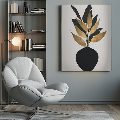 A minimalist framed artwork featuring a black vase holding a plant with both black silhouette leaves and textured gold leaves, set against a simple off-white background. Wall Art