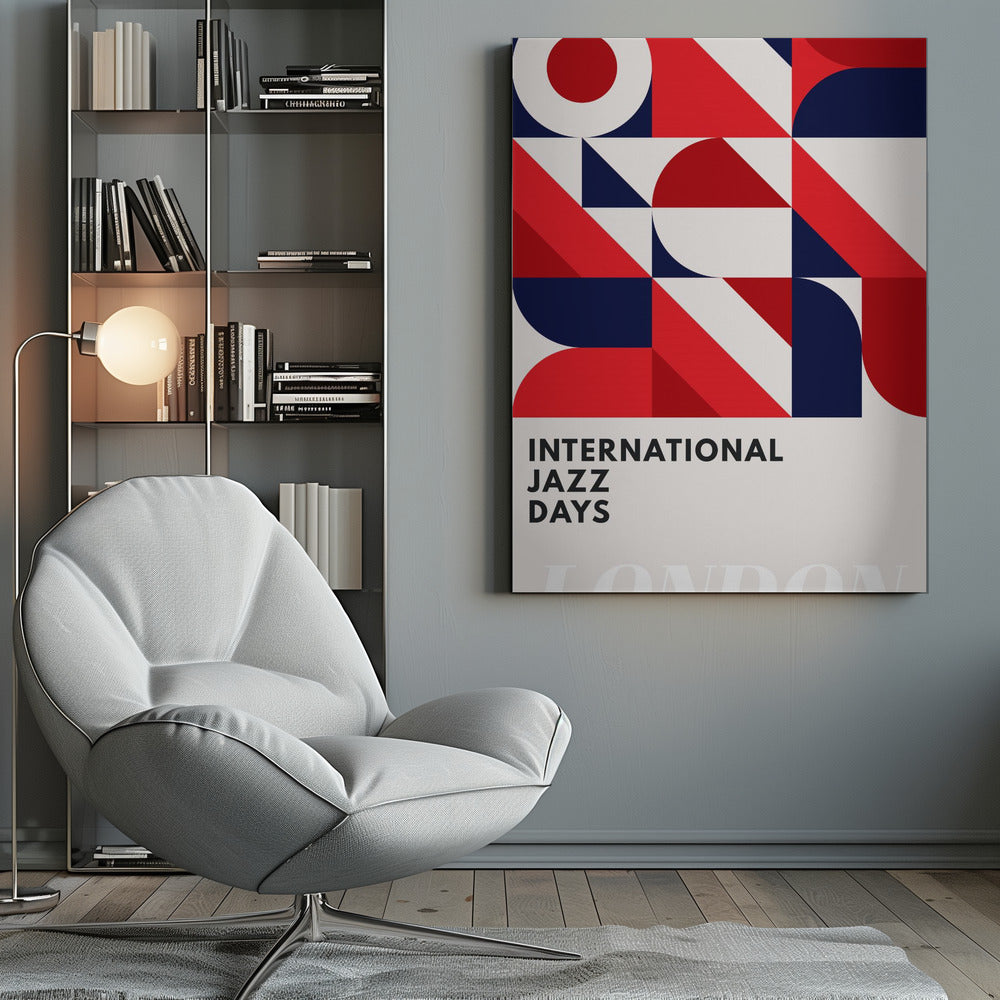 A framed poster advertising 'International Jazz Days London'. The top two-thirds feature a bold, abstract geometric pattern in a grid format, using red, dark blue, and off-white shapes like circles, semi-circles, and diagonal blocks. The bottom third displays the text 'INTERNATIONAL JAZZ DAYS' in a black sans-serif font against the off-white background. Wall Art
