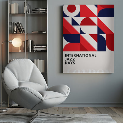 A framed poster advertising 'International Jazz Days London'. The top two-thirds feature a bold, abstract geometric pattern in a grid format, using red, dark blue, and off-white shapes like circles, semi-circles, and diagonal blocks. The bottom third displays the text 'INTERNATIONAL JAZZ DAYS' in a black sans-serif font against the off-white background. Wall Art
