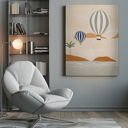 A modern illustration of two striped hot air balloons floating over a calm sea and rolling terracotta hills. The larger balloon is sage green and white, while the smaller one is dark blue and white. A single palm tree stands on the shore under a soft beige sky. Print