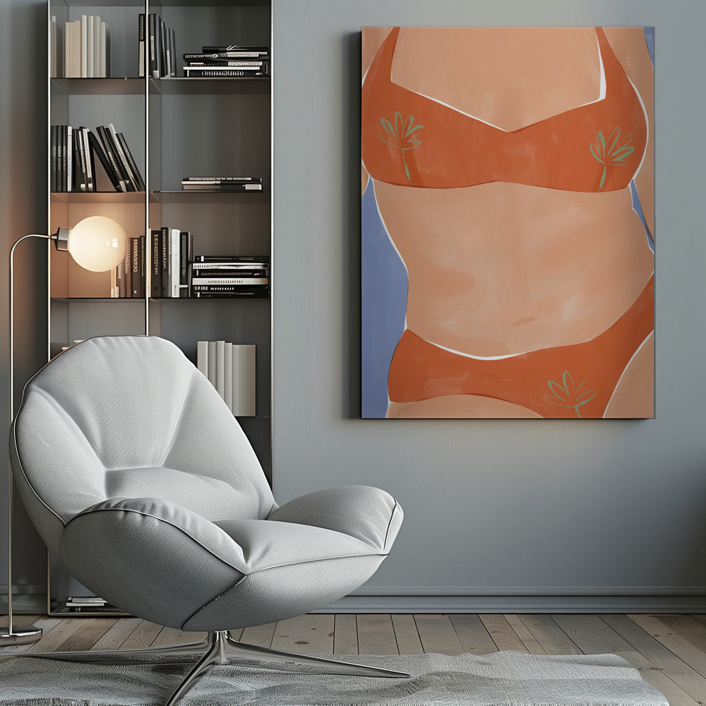 A minimalist illustration of a woman's torso wearing a vibrant orange bikini with small green palm leaf patterns. Her tan skin is set against a solid light blue background, and the artwork has a clean, painterly style. Poster