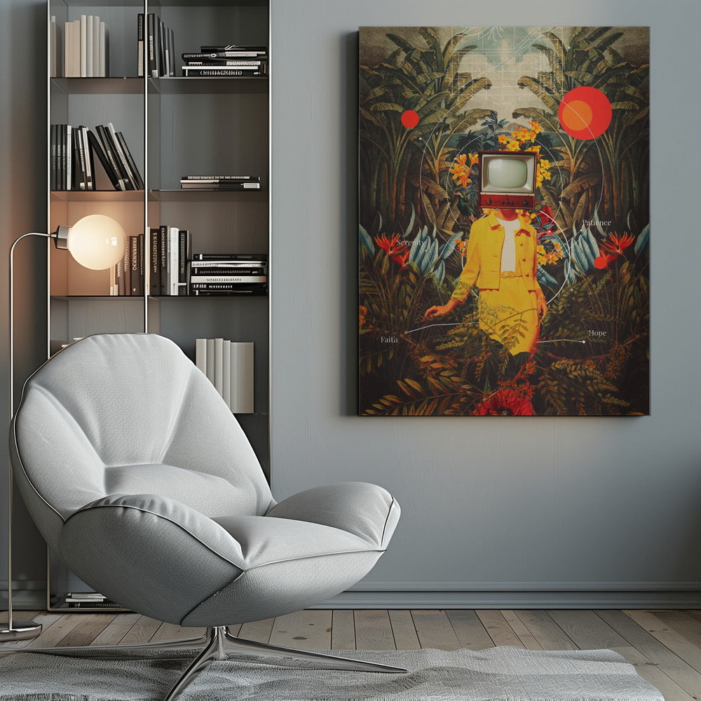 A surreal vintage-style collage of a person with a retro television for a head, wearing a bright yellow suit. They stand amidst a lush tropical jungle of green leaves and colorful flowers. Abstract elements like red circles and white lines connect to the words 'Patience', 'Serenity', 'Hope', and 'Faith'. Poster