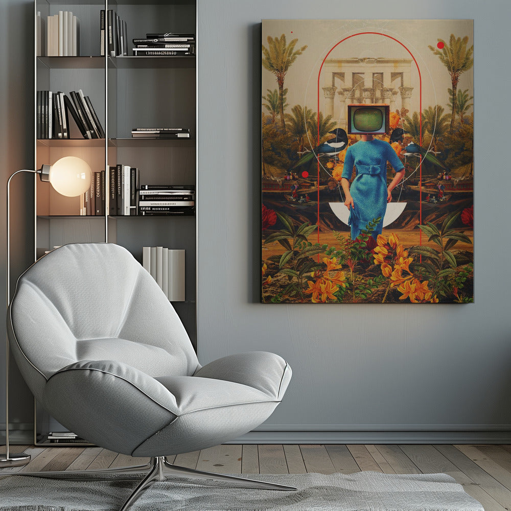 A surreal collage featuring a woman in a vintage blue dress with a retro television for a head. She stands in a lush landscape with palm trees, classical architecture, and magpies, framed by abstract red and white arches. The foreground is filled with vibrant orange and yellow flowers. Artwork