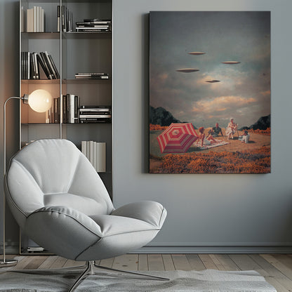A surreal vintage collage showing a family having a picnic in a field of orange flowers under a cloudy sky, while four flying saucers hover peacefully above them. Print