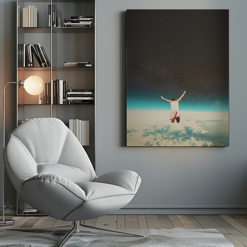 A surreal collage showing a man from behind, jumping with arms outstretched towards a vast, starry night sky, high above a sea of clouds and the blue glow of Earth's atmosphere. Print