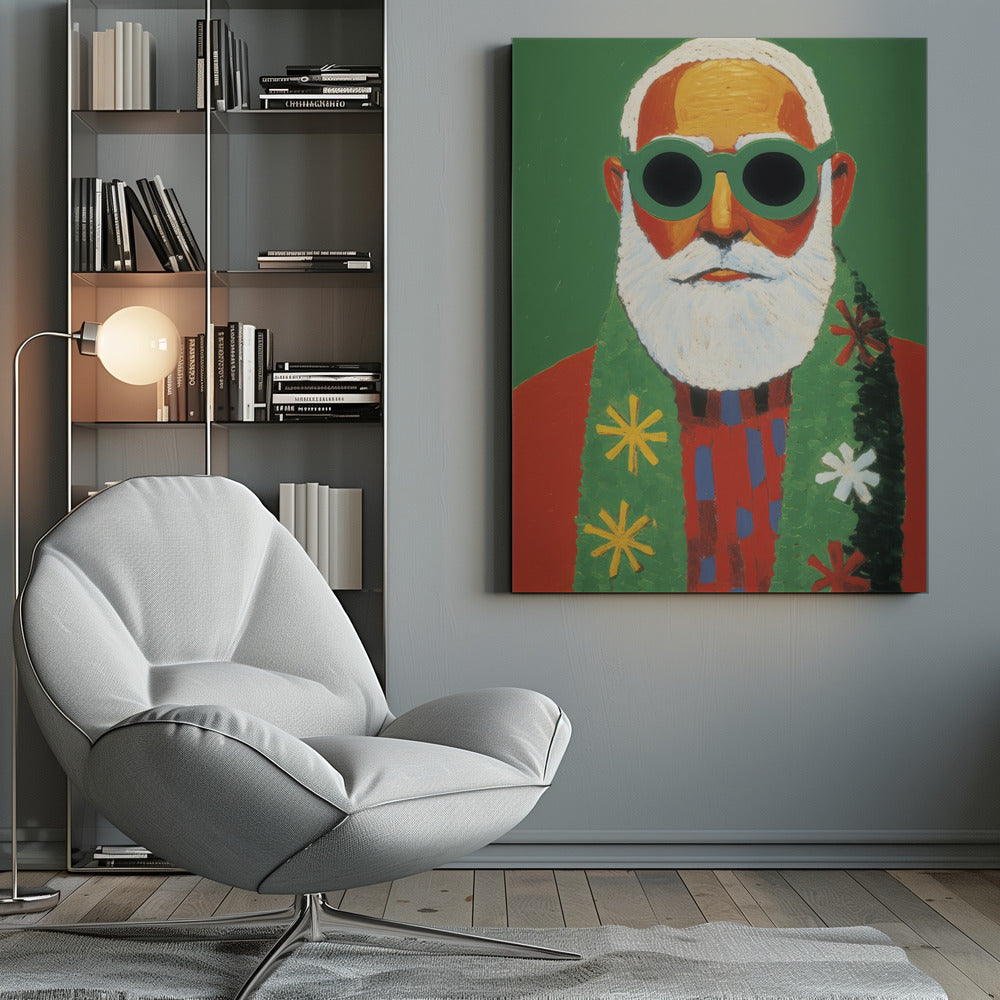 A modern, stylized portrait painting of Santa Claus against a solid green background. He has a white beard and hair, and is wearing oversized round green sunglasses, a red sweater, and a green scarf decorated with colorful snowflakes. Print