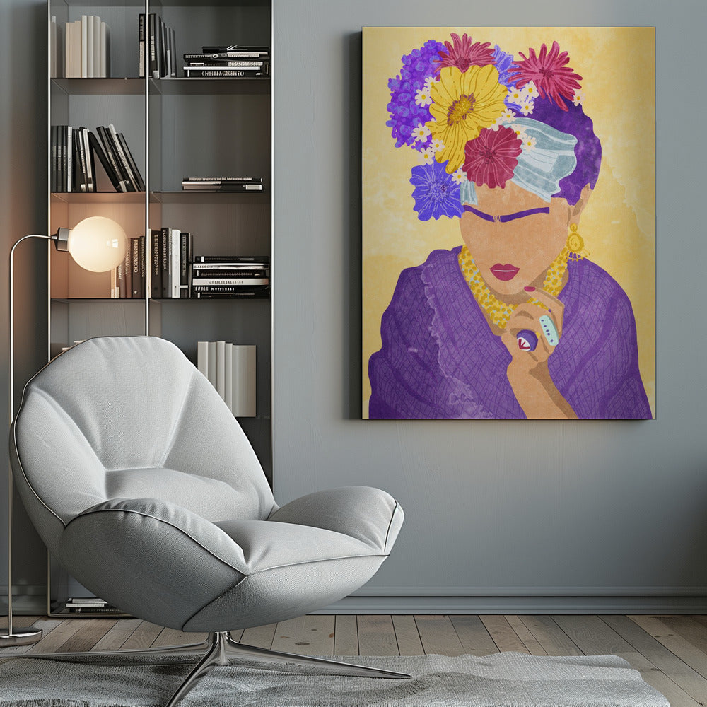 A stylized portrait illustration of a woman resembling Frida Kahlo against a yellow background. She wears a crown of vibrant purple, yellow, and magenta flowers, a purple dress, and gold jewelry. Her face is abstracted, featuring her iconic unibrow and red lipstick. Wall Art