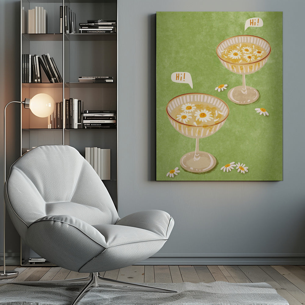 A whimsical illustration featuring two cocktail coupe glasses on a light green background. The glasses are filled with a yellow liquid and have smiling white daisies floating in them. Two speech bubbles say 'Hi!', adding a friendly and cheerful vibe to the scene. Wall Art