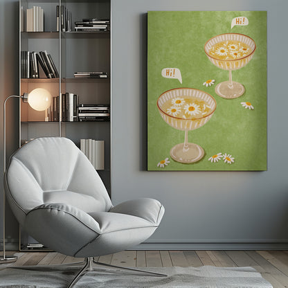 A whimsical illustration featuring two cocktail coupe glasses on a light green background. The glasses are filled with a yellow liquid and have smiling white daisies floating in them. Two speech bubbles say 'Hi!', adding a friendly and cheerful vibe to the scene. Wall Art