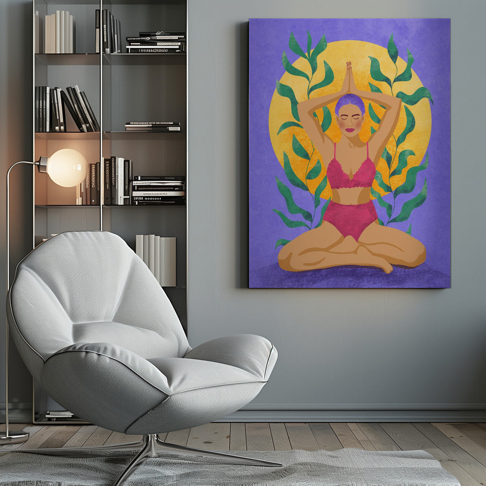 A colorful illustration of a woman with purple hair meditating in a yoga pose. She sits cross-legged with her hands pressed together above her head, wearing a pink lingerie set. Behind her is a large yellow sun against a purple background, framed by green leaves. Print
