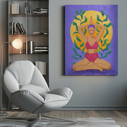 A colorful illustration of a woman with purple hair meditating in a yoga pose. She sits cross-legged with her hands pressed together above her head, wearing a pink lingerie set. Behind her is a large yellow sun against a purple background, framed by green leaves. Print