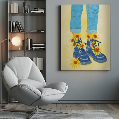 An illustration of a person's lower legs and feet wearing cuffed blue jeans and blue combat boots against a pale yellow background. Bright yellow and orange sunflowers are blooming out of the boots and laces. Poster