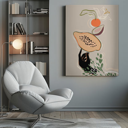 A modern illustration of a black hand balancing a sliced papaya. Above it floats a fig, an orange, and a white lily, with green leaves below, all set against a neutral beige background. Print