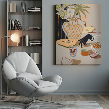 A modern, painterly still life illustration featuring a collection of objects on a beige tabletop. A patterned pitcher holds flowers and a palm frond, while a sliced papaya, a glass of red liquid, a persimmon, a fig, and an onion are arranged in the foreground. A stylized black hand with a white ruffled cuff reaches in from the right. Decor