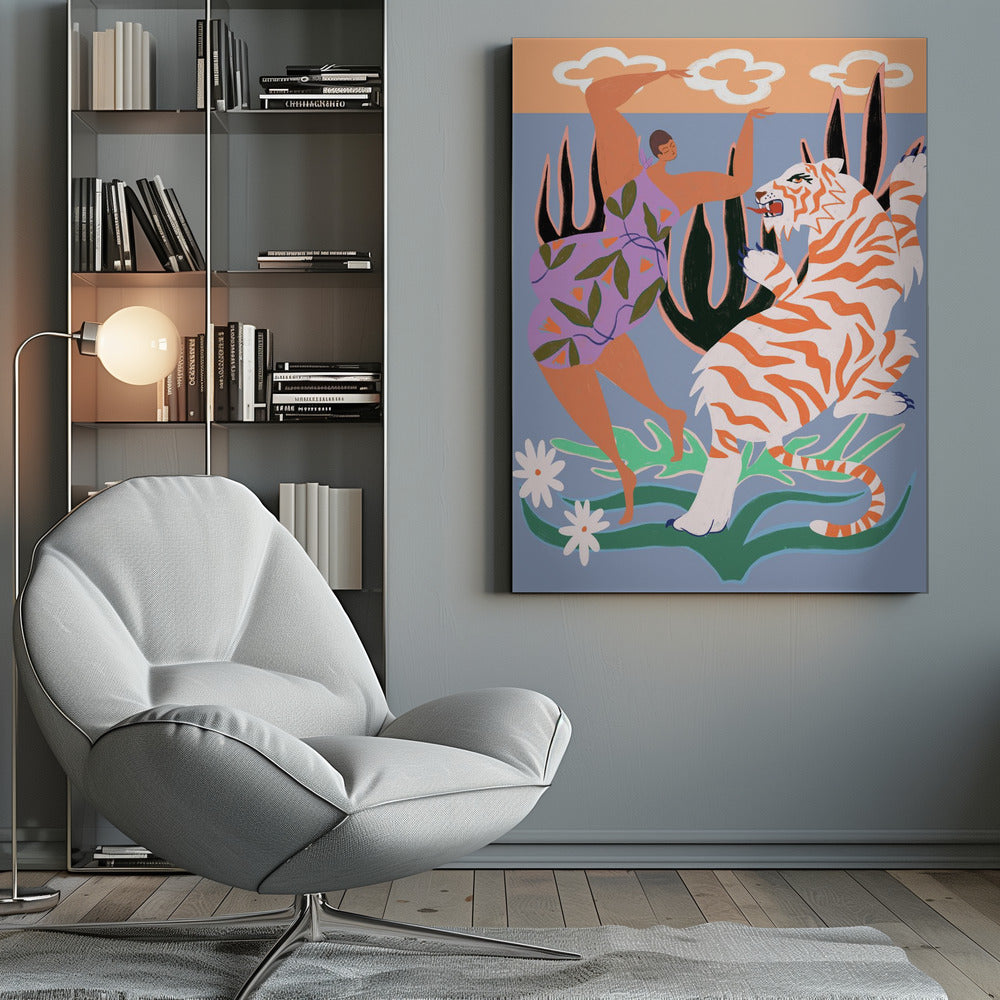 A stylized, colorful illustration depicting a woman in a purple, leaf-patterned dress dancing joyfully with a fierce white and orange tiger in a whimsical jungle setting. The background is light blue with large dark plants, and a peach-colored sky with white clouds is visible at the top. Decor