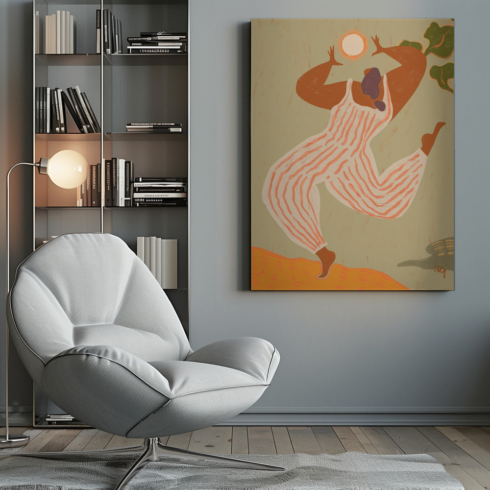 A stylized, painterly illustration of a woman with dark skin joyfully dancing or jumping. She wears a white and orange striped jumpsuit and raises her arms toward a bright sun against a muted green background. Print