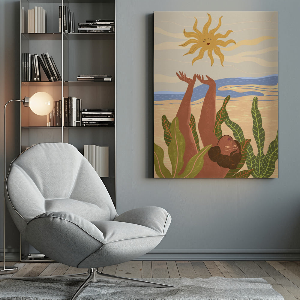 An art print titled 'Sun Worship' depicting a stylized sun, possibly with abstract or spiritual elements, in warm tones. Decor
