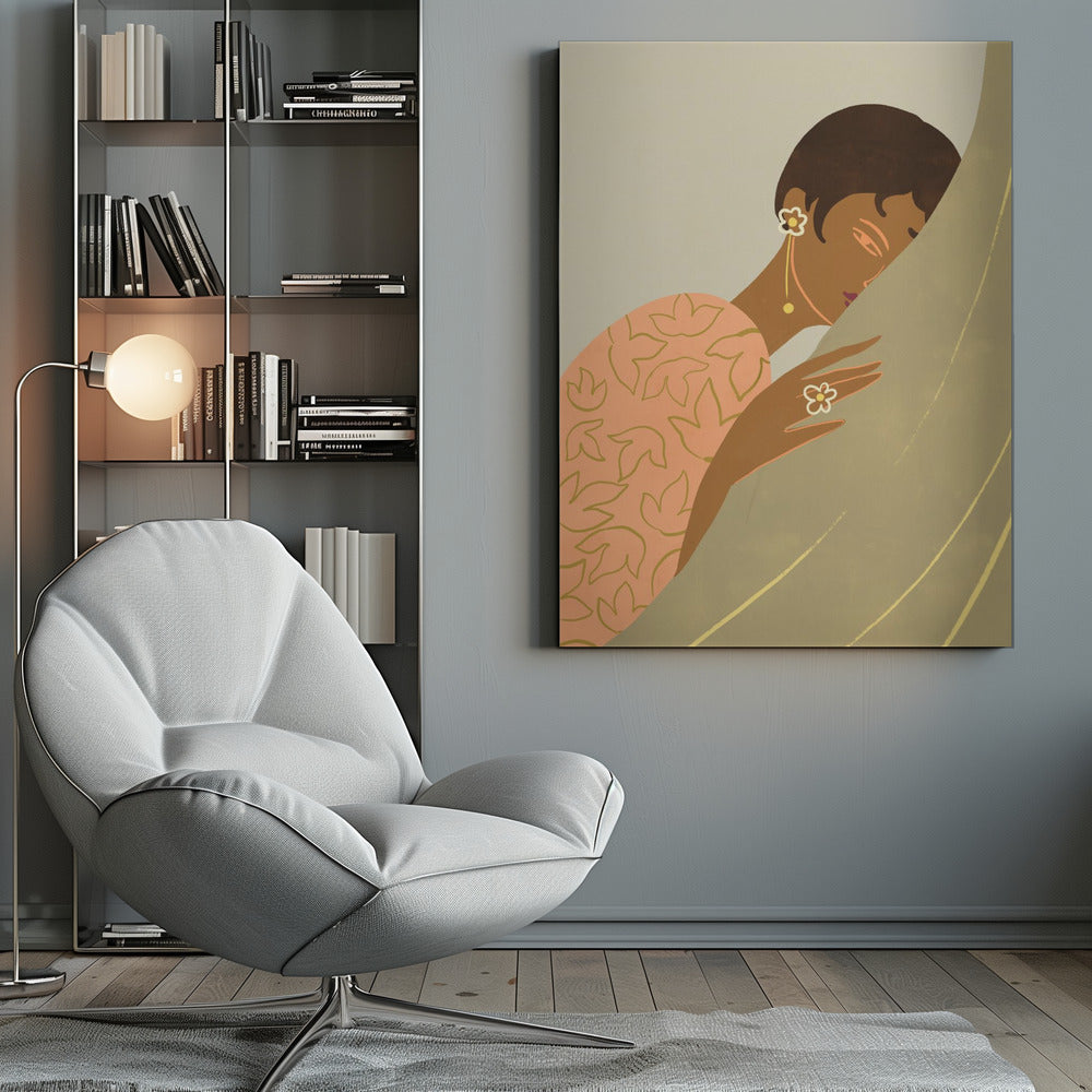 An Art Deco style illustration of a woman with dark skin and short hair, wearing a peach-colored patterned dress and flower-shaped jewelry. She is shown in profile, leaning her head against a muted green curtain with a serene expression. Print