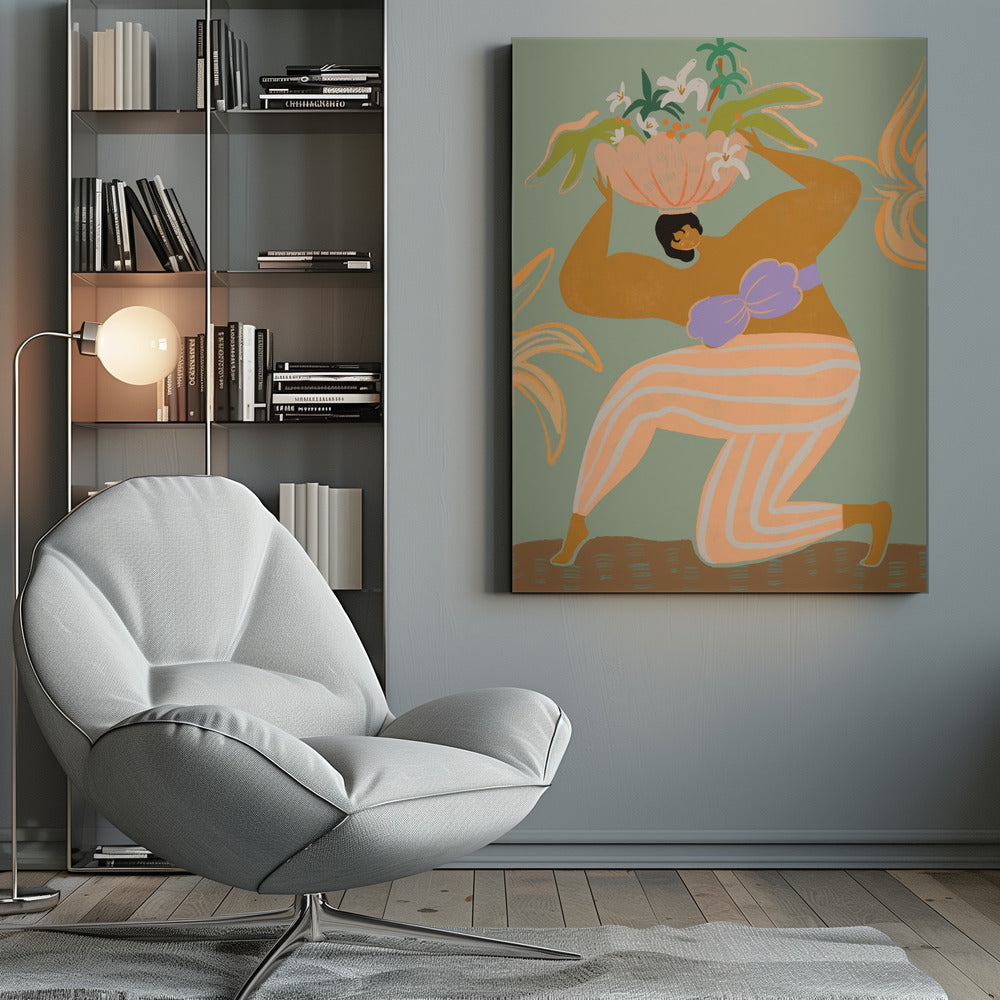 A stylized illustration of a woman kneeling against a sage green background. She has tan skin, black hair, and wears orange and white striped pants with a lavender bikini top. She holds a large pink bowl filled with white flowers and green tropical leaves on her head. Wall Art