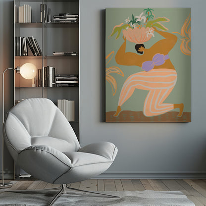 A stylized illustration of a woman kneeling against a sage green background. She has tan skin, black hair, and wears orange and white striped pants with a lavender bikini top. She holds a large pink bowl filled with white flowers and green tropical leaves on her head. Wall Art