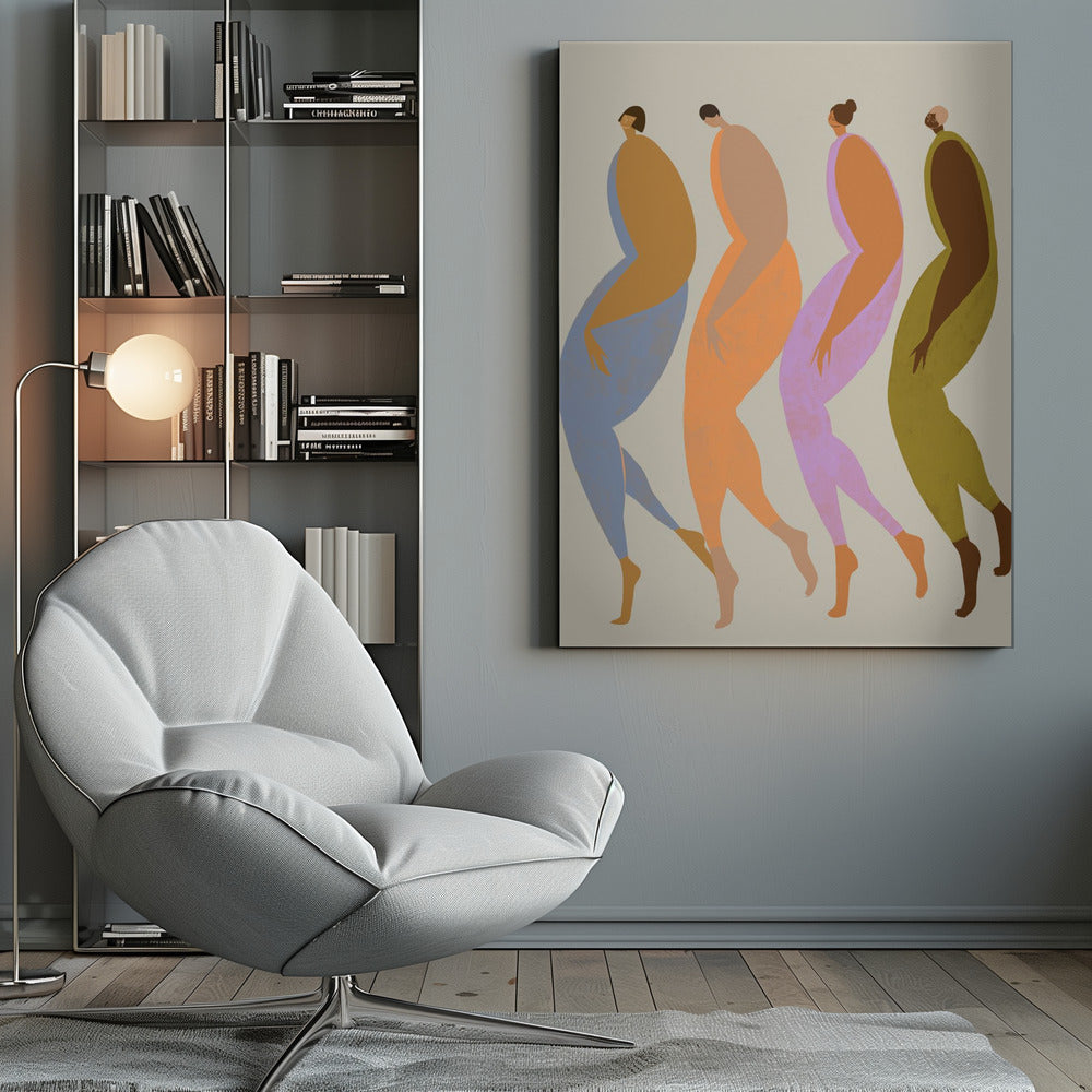 A modern, minimalist illustration of four elongated, stylized human figures walking in a line. Each figure is depicted in profile using a unique, vibrant color palette of blue, orange, purple, and olive green, set against a neutral beige background within a black frame. Artwork