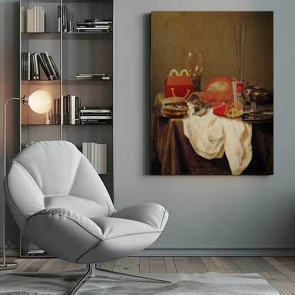 A parody artwork depicting a classical Baroque-style still life painting where traditional objects are replaced with McDonald's fast food. On a draped table sits a Big Mac, a Happy Meal box, french fries, and a soda, alongside ornate glassware and goblets. Wall Art