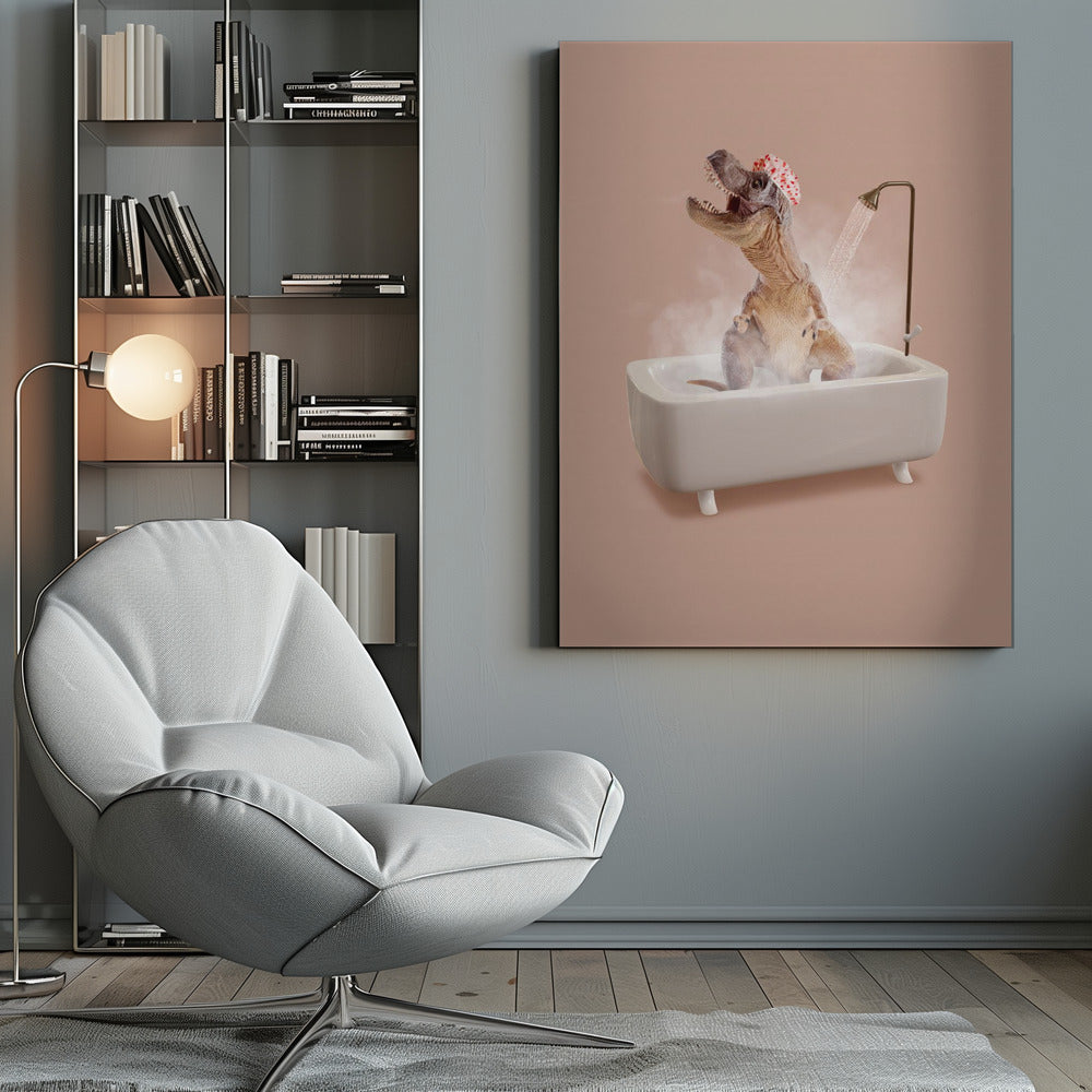 A humorous image of a Tyrannosaurus Rex wearing a red and white shower cap while taking a shower in a small white bathtub. The dinosaur has its head tilted back with its mouth open, enjoying the water, and is surrounded by steam against a dusty pink background. Print