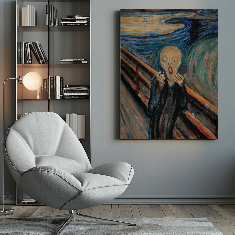 A humorous parody of Edvard Munch's 'The Scream,' where the iconic despairing figure is comically applying bright red lipstick while looking in a handheld mirror against the turbulent, colorful backdrop. Print