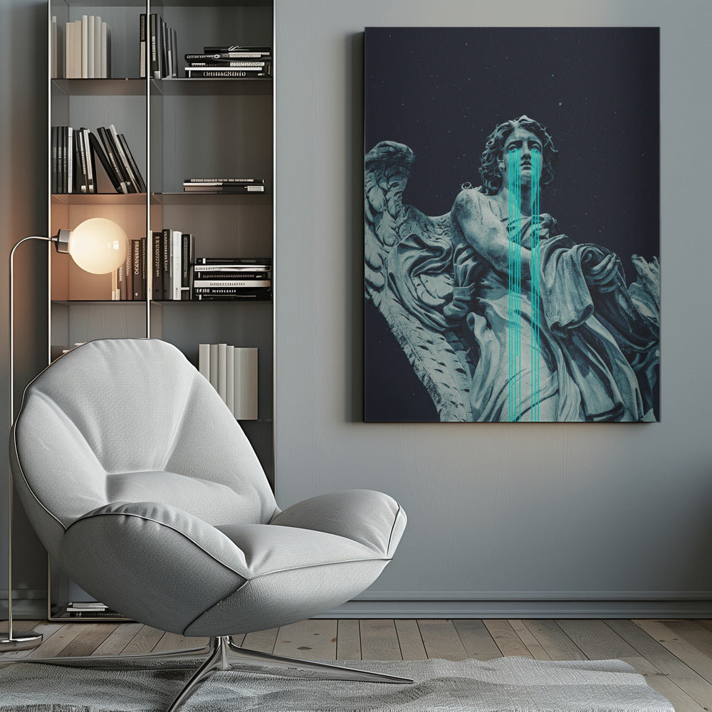 A low-angle shot of a grey stone statue of a weeping angel against a dark starry sky. Bright, stylized turquoise lines stream down from the angel's eyes, dripping over its body in a modern, graphic representation of tears. Poster