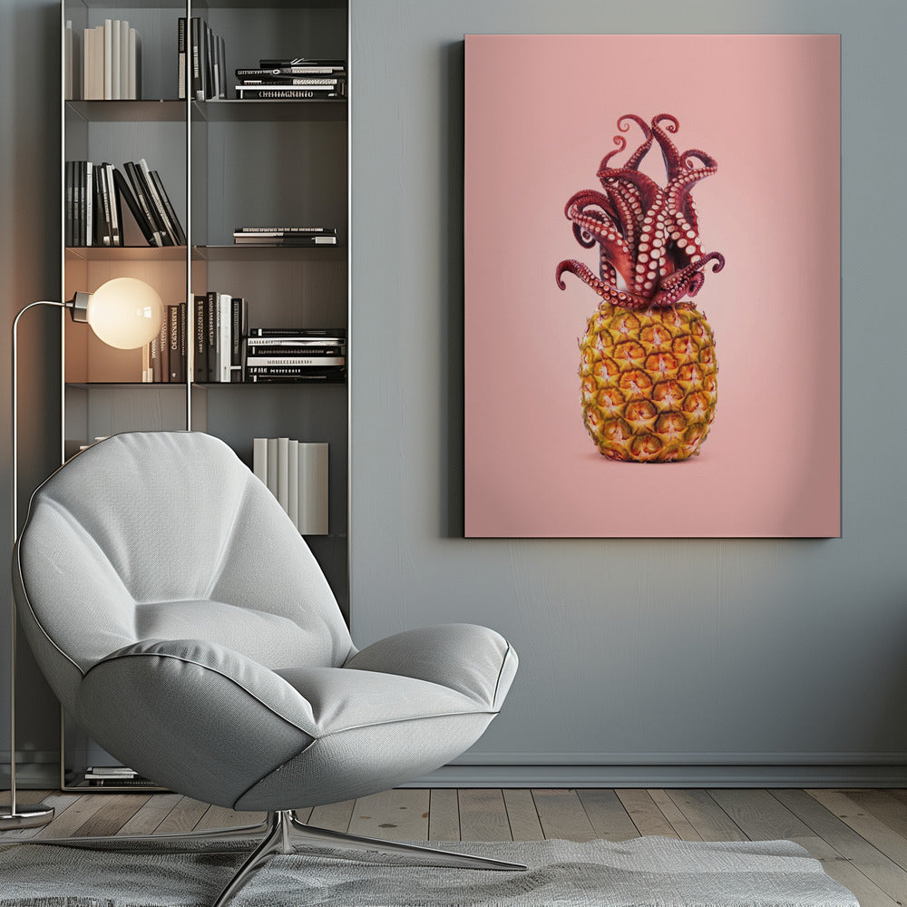 A surreal art print featuring a red octopus sitting atop a yellow pineapple, its tentacles curled upward like a crown, all against a solid light pink background within a black frame. Poster