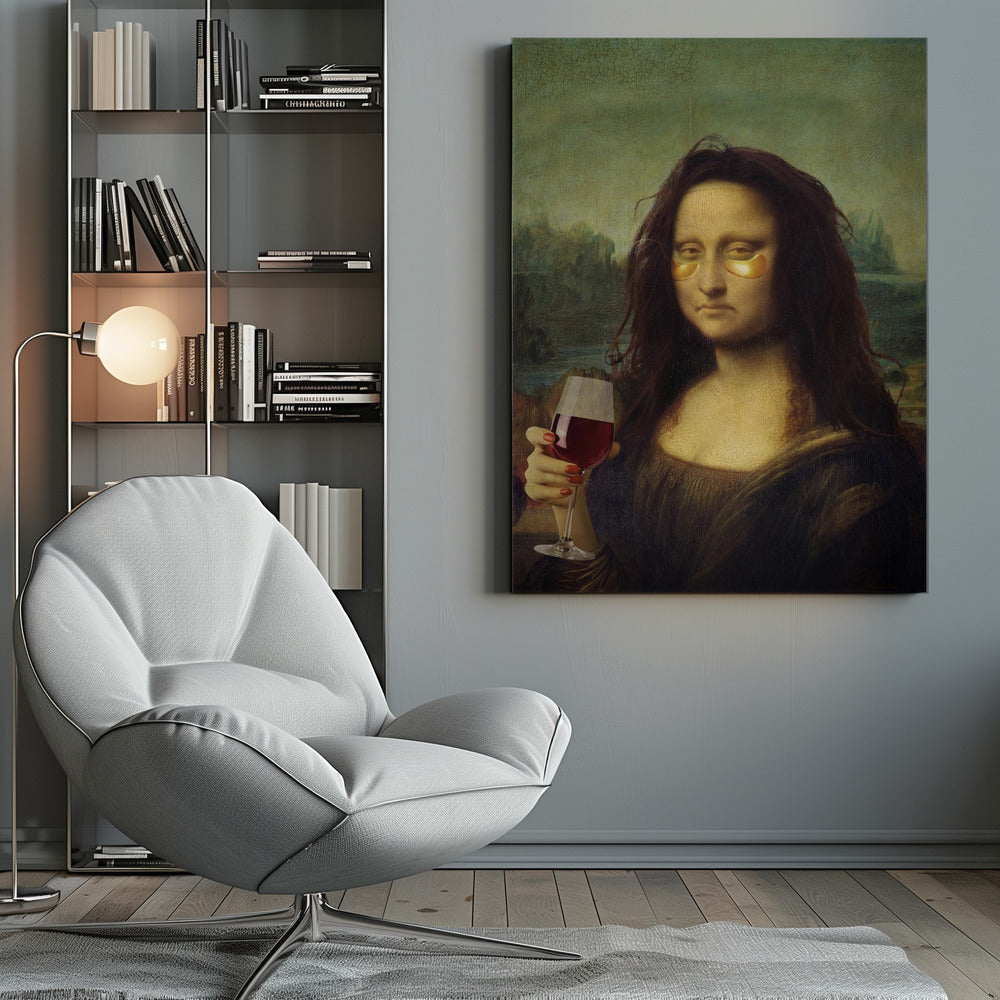 A humorous digital alteration of the Mona Lisa painting where she appears tired with messy hair, wearing gold under-eye masks, and holding a glass of red wine. Artwork