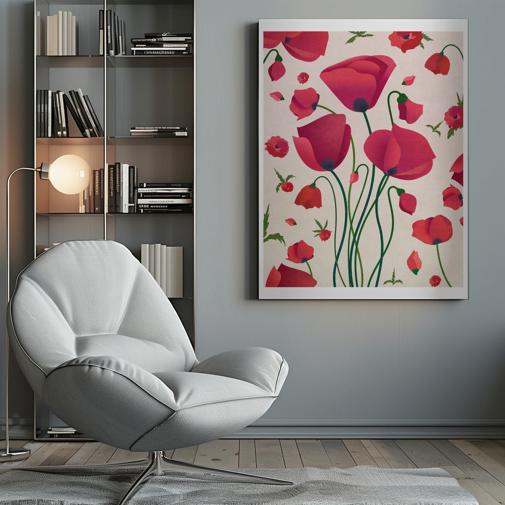 A stylized art print of various red poppy flowers against a light cream background. A central cluster of large poppies with long green stems is surrounded by smaller flowers, buds, and floating petals, creating a dynamic floral pattern inside a black frame. Wall Art